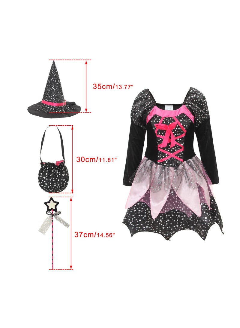 Girls' Magic Witch Halloween Costume Set with Hat, Wand, and Candy Bag Accessories for Dress-Up Parties and Cosplay (130cm) - Perfect for Halloween Celebrations and Carnival Fun! - Image 3