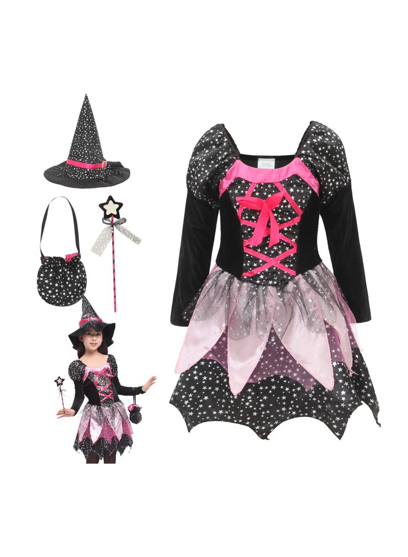 Girls' Magic Witch Halloween Costume Set with Hat, Wand, and Candy Bag Accessories for Dress-Up Parties and Cosplay (130cm) - Perfect for Halloween Celebrations and Carnival Fun! - Image 1