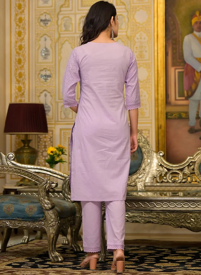 ISHIN Women's Lilac Cotton Blend Embellished Tunic Full Length Casual Straight Fit Kurta Set