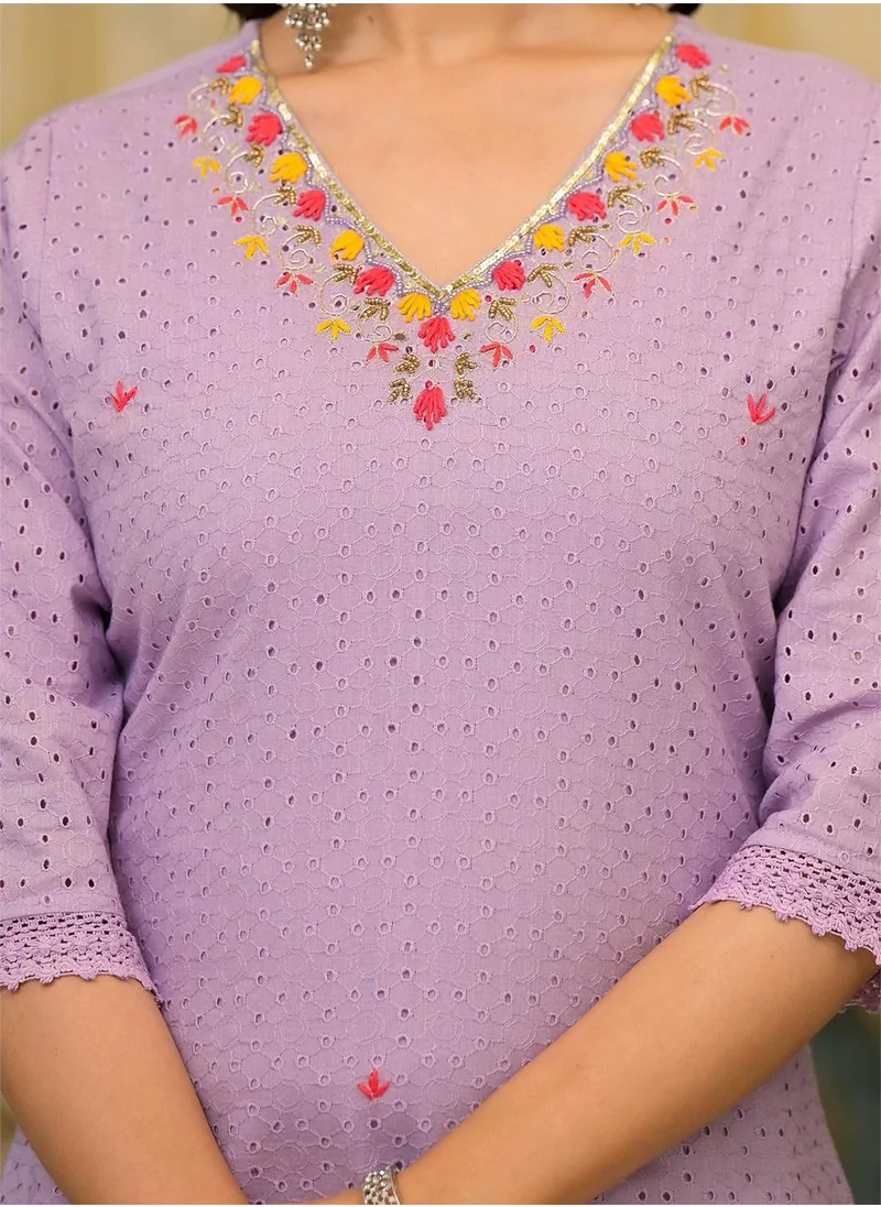 آي شين Women's Lilac Cotton Blend Embellished Tunic Full Length Casual Straight Fit Kurta Set