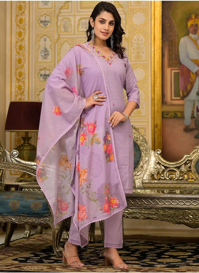 آي شين Women's Lilac Cotton Blend Embellished Tunic Full Length Casual Straight Fit Kurta Set