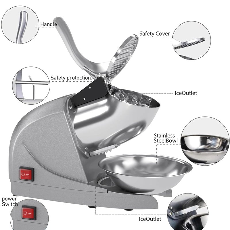 Greatrue Electric Ice Crushers Machine Ice Snow Cone Maker Professional Double Blades Stainless Steel Ice Shaver Machine For Home Commercial Use Silver - Image 2