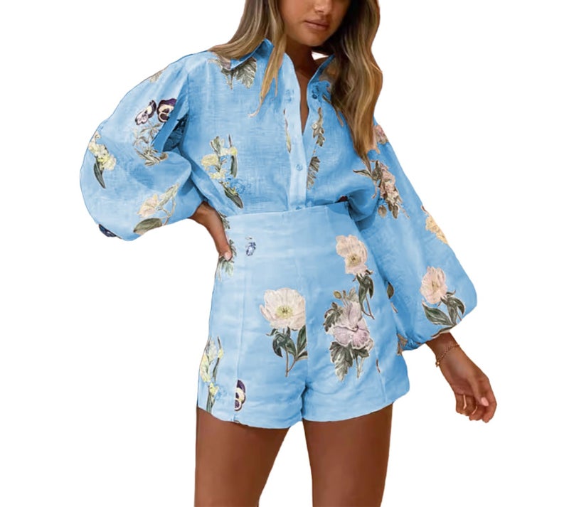 Molilove Womens 2 Piece Outfit Hawaiian Long Sleeve Button Down Shirt and Shorts Tracksuit Lounge Set,Blue,Large - Image 1