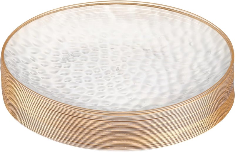 PLASTICPRO 30 Pack Hammered Plastic Plates Heavyweight Disposable Plastic Plates Elegant Clear Hammered Rim Platsic Party Dishes (Hammered Clear With Gold Rim, 9'' INCH PLATES) - Image 1