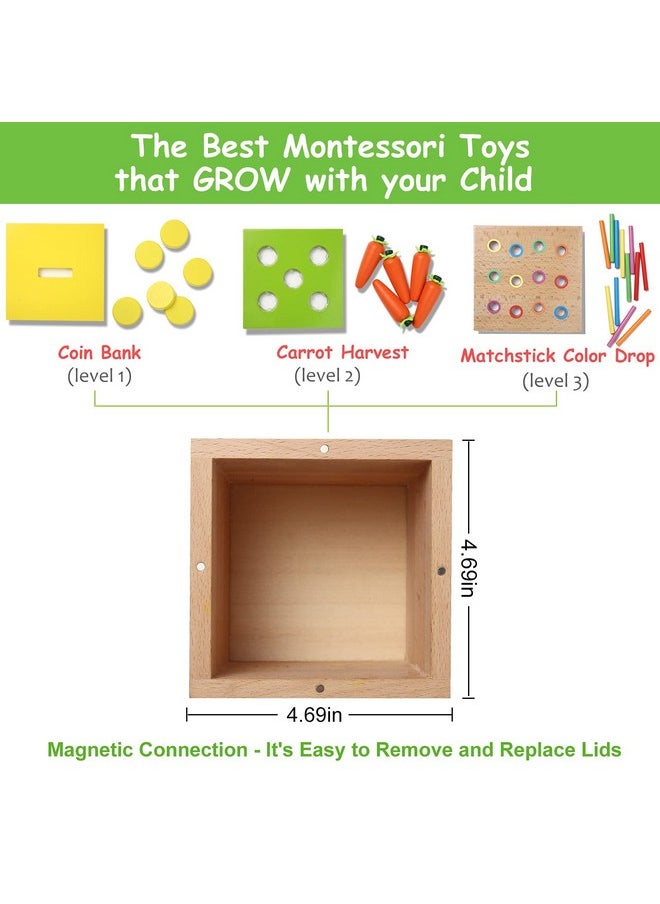 nanayo - 4 For 1 Play Kit Includes Object Permanence Box Montessori Coin Box Carrot Harvest Game Matchstick Color Drop Game Montessori Toys For Babies 6 12 Months 1 Year 2 Year And 3 Year - Image 1