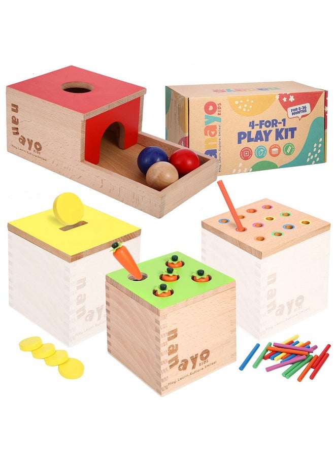 nanayo - 4 For 1 Play Kit Includes Object Permanence Box Montessori Coin Box Carrot Harvest Game Matchstick Color Drop Game Montessori Toys For Babies 6 12 Months 1 Year 2 Year And 3 Year - Image 1