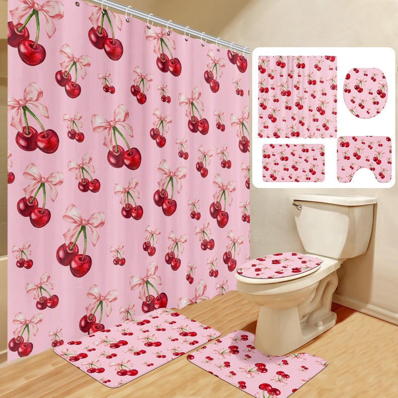 Maasechs 4 Pcs Pink Bow Cherry Shower Curtain Set Coquette Cherry Bathroom Decor Set with Rugs Romantic Pink Bow Aesthetic Bathroom Curtain with 12 Hooks Gifts for Women - Image 2