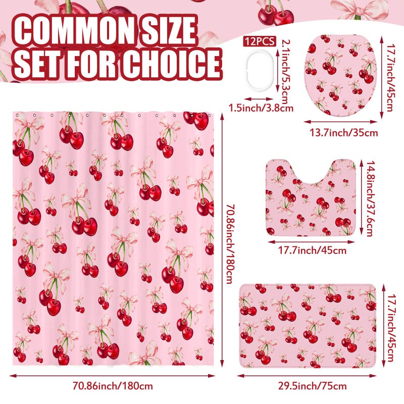 Maasechs 4 Pcs Pink Bow Cherry Shower Curtain Set Coquette Cherry Bathroom Decor Set with Rugs Romantic Pink Bow Aesthetic Bathroom Curtain with 12 Hooks Gifts for Women - Image 3