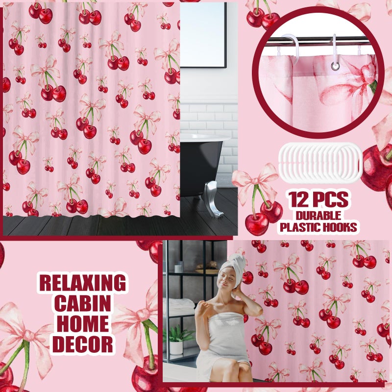Maasechs 4 Pcs Pink Bow Cherry Shower Curtain Set Coquette Cherry Bathroom Decor Set with Rugs Romantic Pink Bow Aesthetic Bathroom Curtain with 12 Hooks Gifts for Women - Image 5