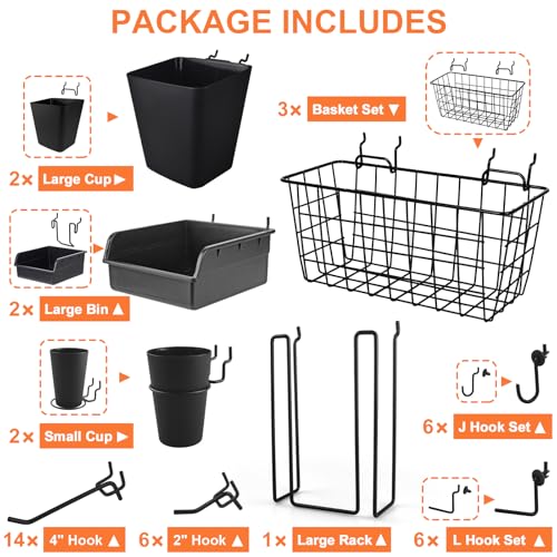 G.CORE Pegboard Basket Organizers, Peg Board Large Baskets Hooks Bins Cups Tool Organizer 42 Pack Set, Wall Storage Display Hanging Accessories for Craft Office Stadio Shed Garage Organization (Black) - Image 2