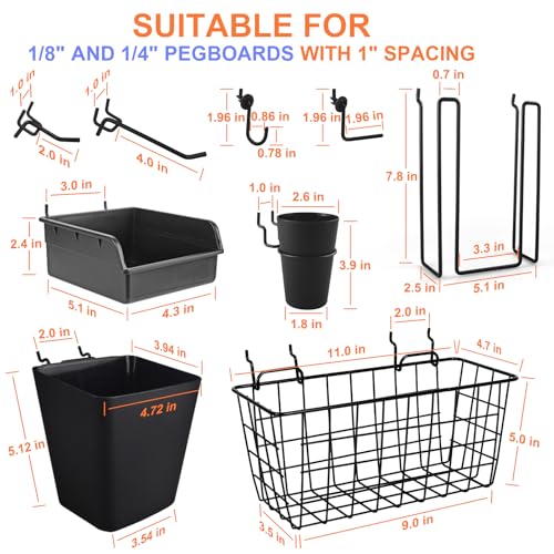 G.CORE Pegboard Basket Organizers, Peg Board Large Baskets Hooks Bins Cups Tool Organizer 42 Pack Set, Wall Storage Display Hanging Accessories for Craft Office Stadio Shed Garage Organization (Black) - Image 3