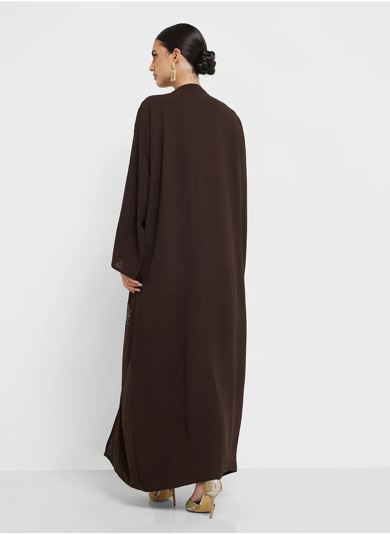 hayas closet V-Neck Embellished Flared Sleeve Abaya