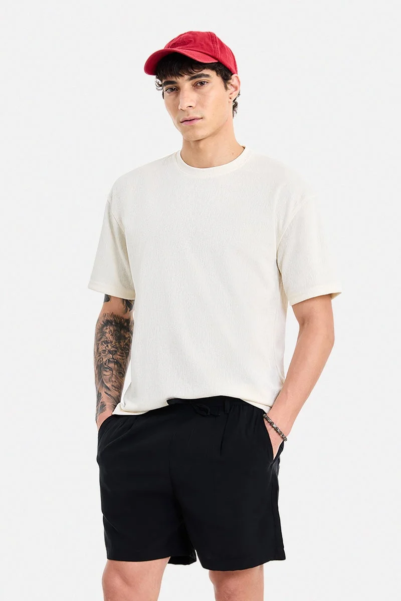 SNITCH Cream Cream Textured Half Sleeve Oversized T-Shirt for Men | Best Price UAE