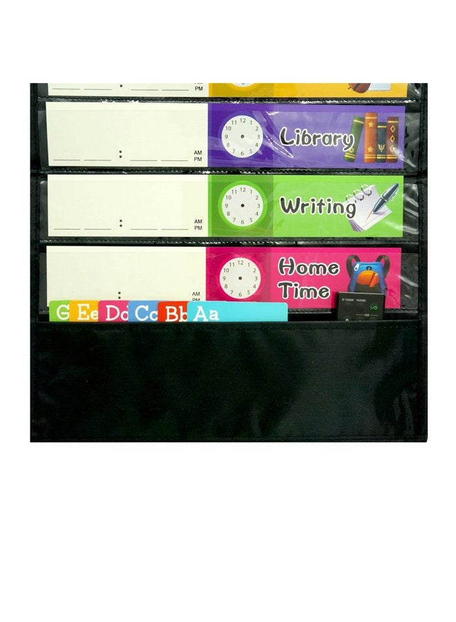 SpriteGru Daily Schedule Pocket Chart， Black Class Schedule with 26 Cards, 13+1 Pockets. 13 Colored + 13 Blank Double-Sided Reusable Cards, Easy Over-Door Mountings Included. (13" x 36") - Image 2