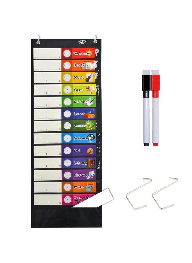 SpriteGru Daily Schedule Pocket Chart， Black Class Schedule with 26 Cards, 13+1 Pockets. 13 Colored + 13 Blank Double-Sided Reusable Cards, Easy Over-Door Mountings Included. (13" x 36") - Image 1