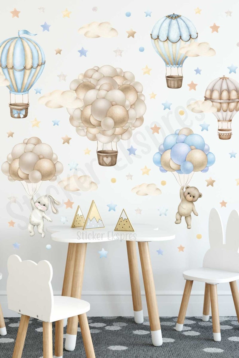 Sticker Ekspres Sticker Express Soft Flying Balloon Adventure in Blue Beige Tones Kids Room Wall Sticker Set  - Image 1
