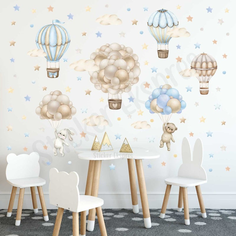 Sticker Ekspres Sticker Express Soft Flying Balloon Adventure in Blue Beige Tones Kids Room Wall Sticker Set  - Image 3