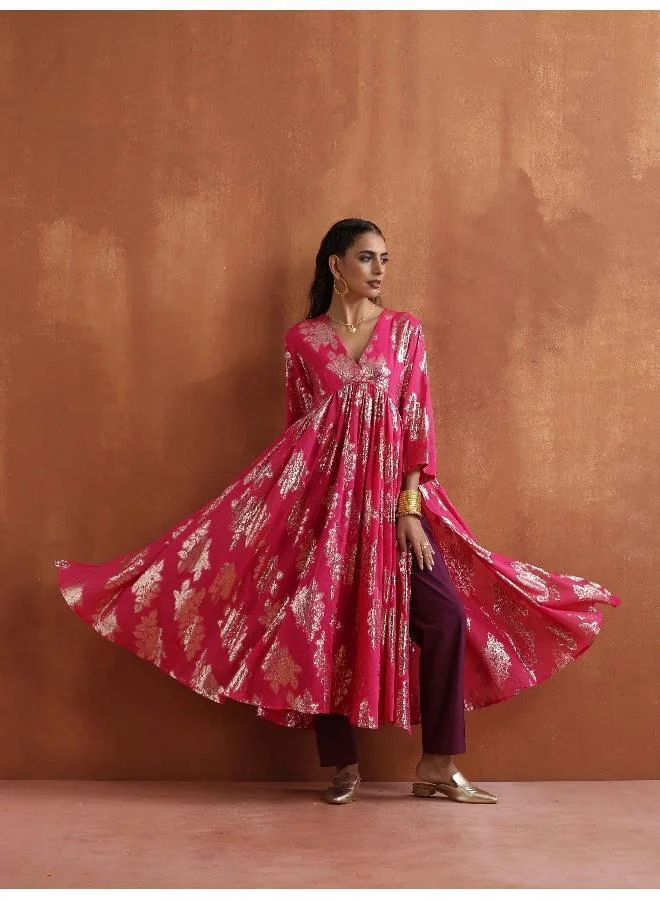 trueBrowns Pink Metallic Flared Anarkali Kurta Set