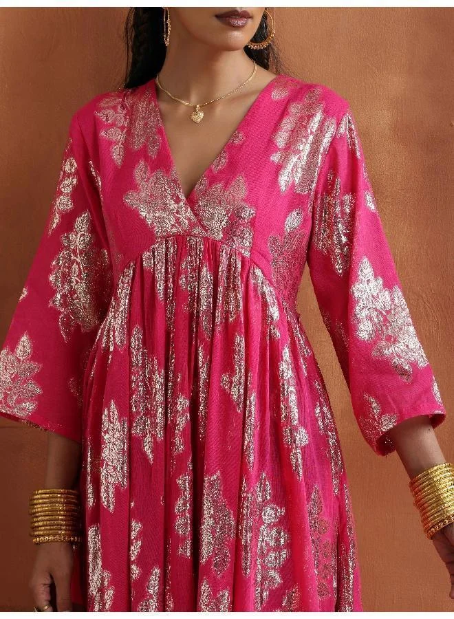 trueBrowns Pink Metallic Flared Anarkali Kurta Set