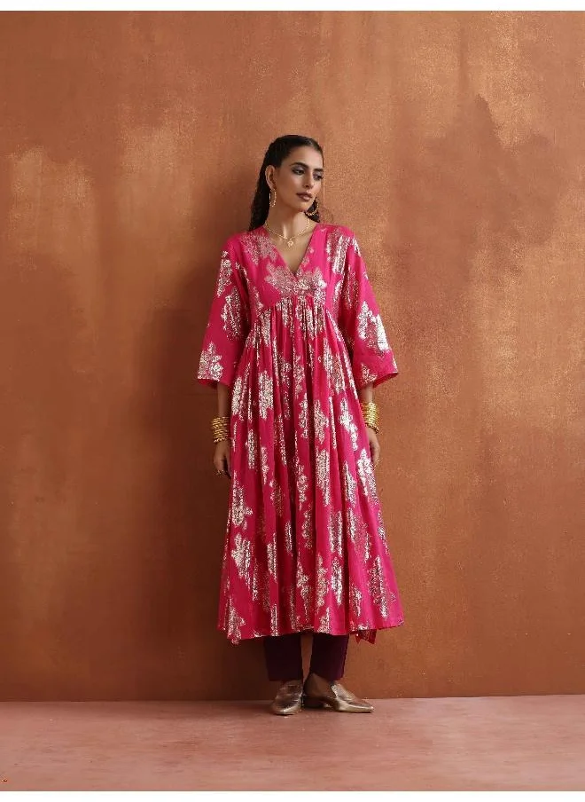 ترو برونز trueBrowns Pink Metallic Flared Anarkali Kurta Set