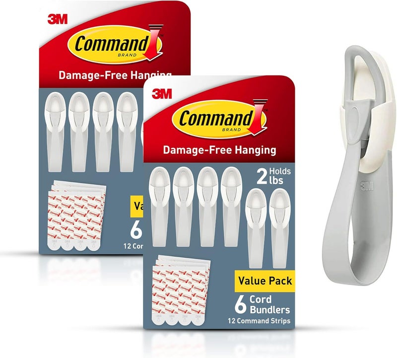كوماند مشابك الكابلات من كوماند، منظم كابلات معلقة بدون تلف، لا حاجة لأدوات لتعليق الكابلات الكهربائية، 12 مشبكًا رماديًا و24 شريطًا - Image 1
