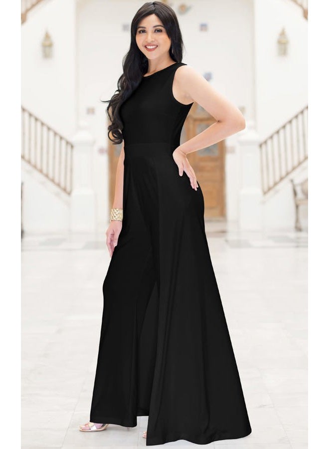 KOH KOH Sleeveless Flattering Dressy Long Pant Cape Classy Elegant Jumpsuit, Black, L - Image 4