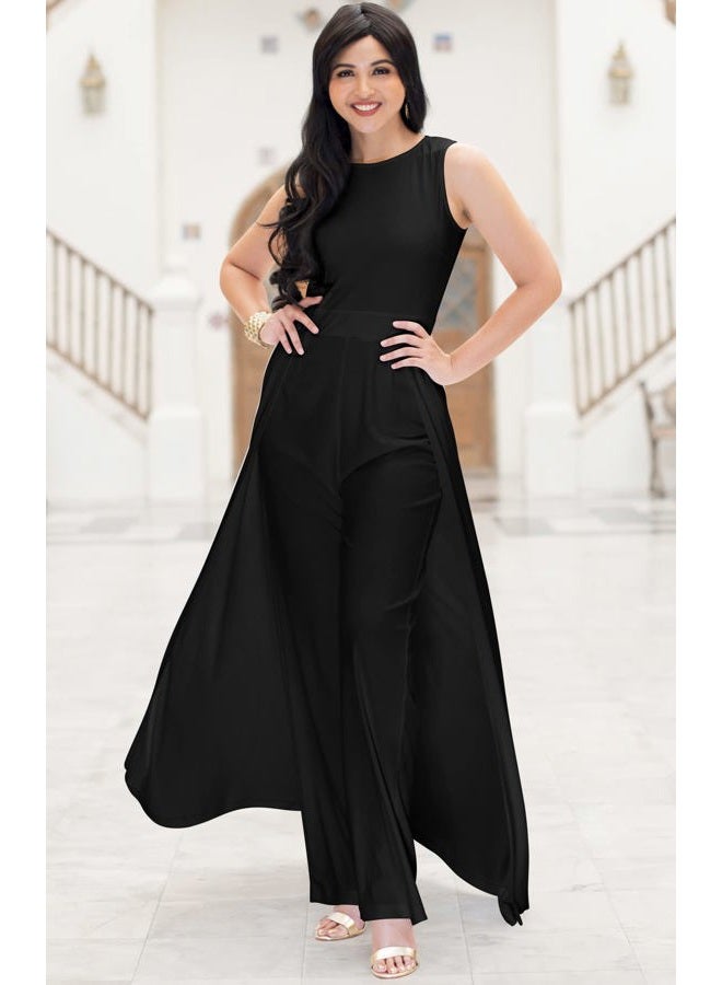 KOH KOH Sleeveless Flattering Dressy Long Pant Cape Classy Elegant Jumpsuit, Black, L - Image 2