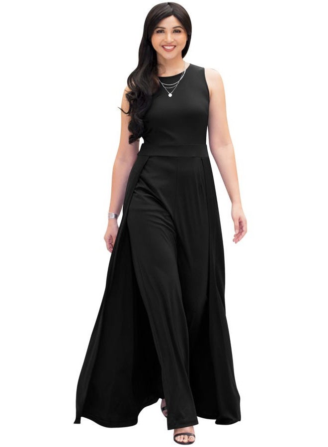 KOH KOH Sleeveless Flattering Dressy Long Pant Cape Classy Elegant Jumpsuit, Black, L - Image 1