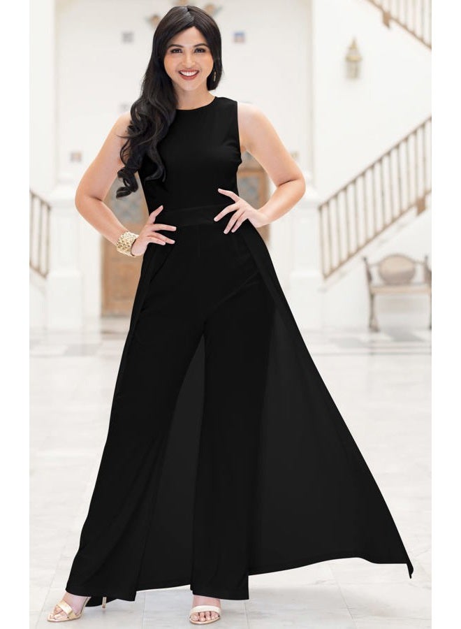 KOH KOH Sleeveless Flattering Dressy Long Pant Cape Classy Elegant Jumpsuit, Black, L - Image 3