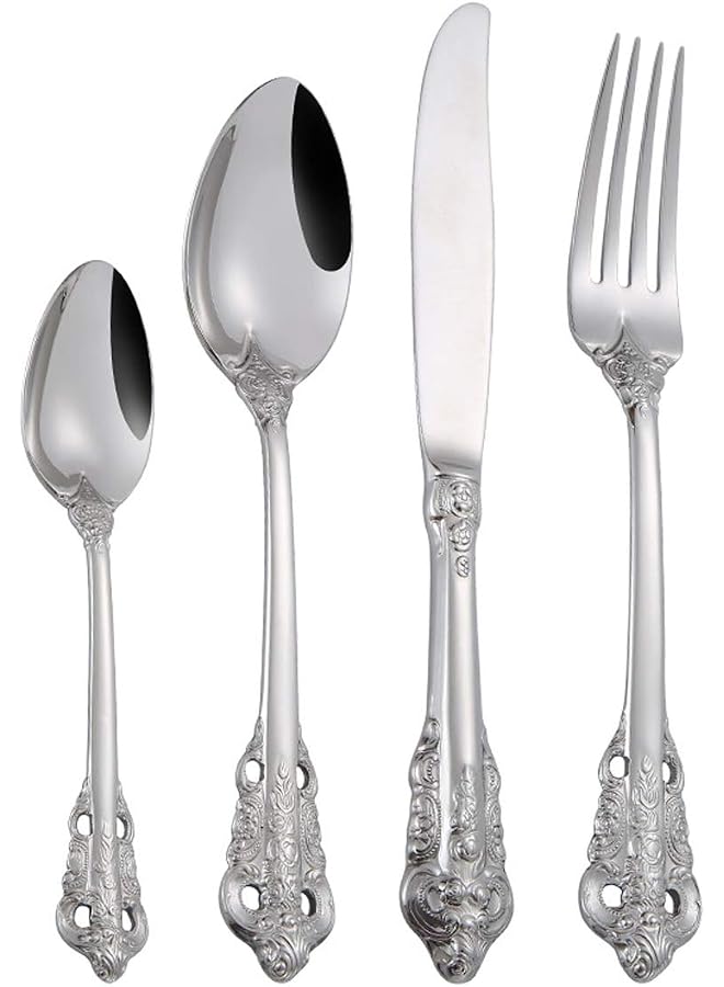S-TOP Palace Cutlery Set Vintage Gold Flatware Silverware Set, Heavy Duty Stainless Steel Court Utensils High Grade Tableware Knife FoSpoon Coffee Spoon (Silver 4PC) - Image 1