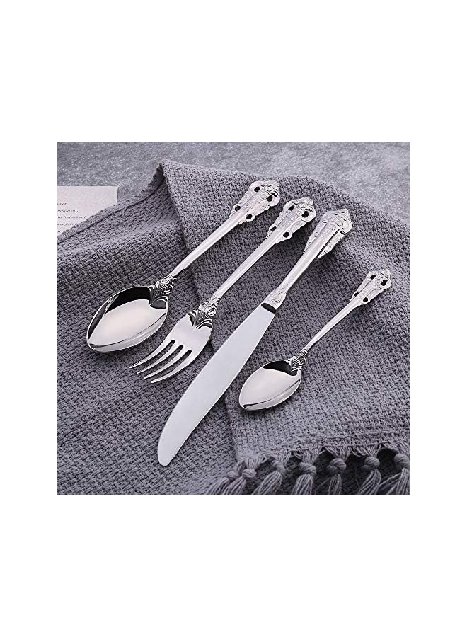 S-TOP Palace Cutlery Set Vintage Gold Flatware Silverware Set, Heavy Duty Stainless Steel Court Utensils High Grade Tableware Knife FoSpoon Coffee Spoon (Silver 4PC) - Image 3