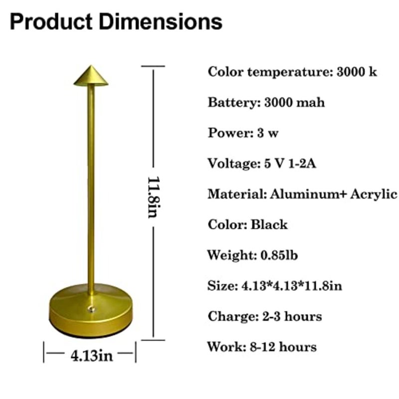 Portable LED touch dimmable bar lamp for bars, restaurant, living room; gold metal; 3000mAh rechargeable battery; 2-level brightness control - Image 2