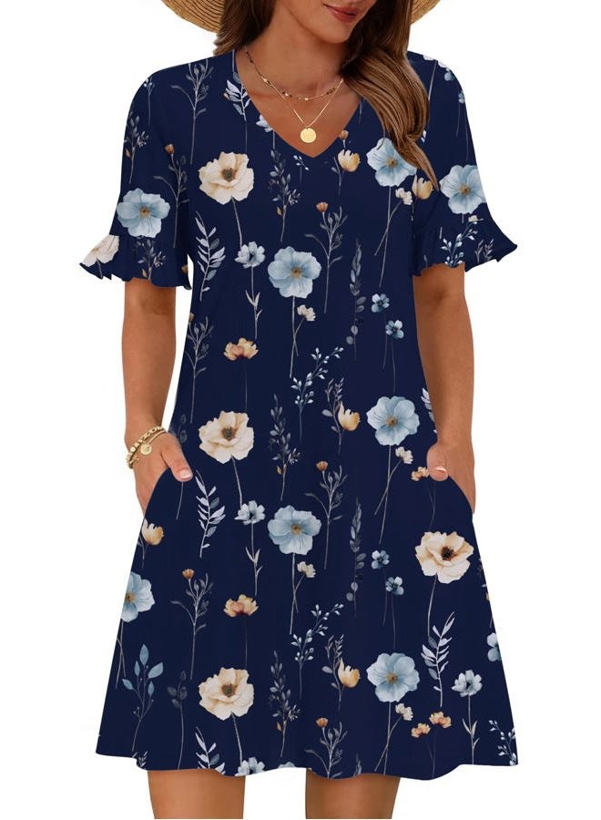 zeagoo Summer Casual Dresses for Women A Line Sun Dress Ruffle Short Sleeve V Neck Floral Tshirt Dress with Pockets, Dark Blue Floral, M - Image 1