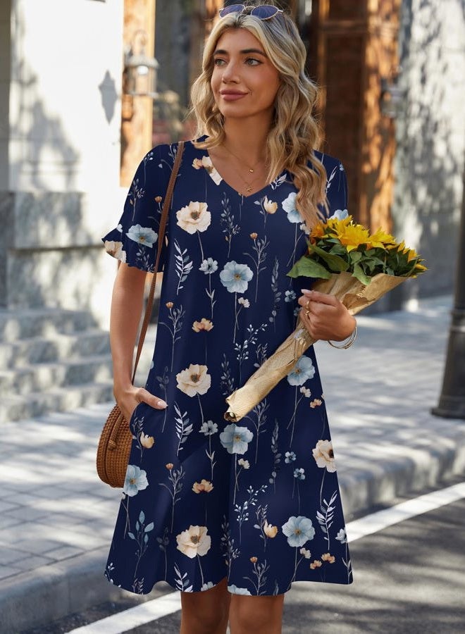 zeagoo Summer Casual Dresses for Women A Line Sun Dress Ruffle Short Sleeve V Neck Floral Tshirt Dress with Pockets, Dark Blue Floral, M - Image 2
