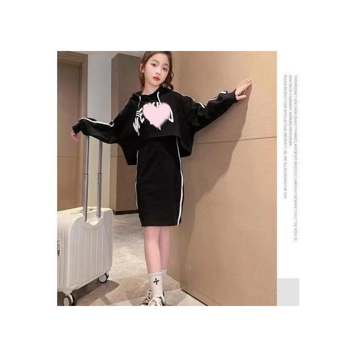 Online celebrity girls Korean style suit spring and autumn fashionable letter suspender skirt grandma hooded sweater two-piece set Black 