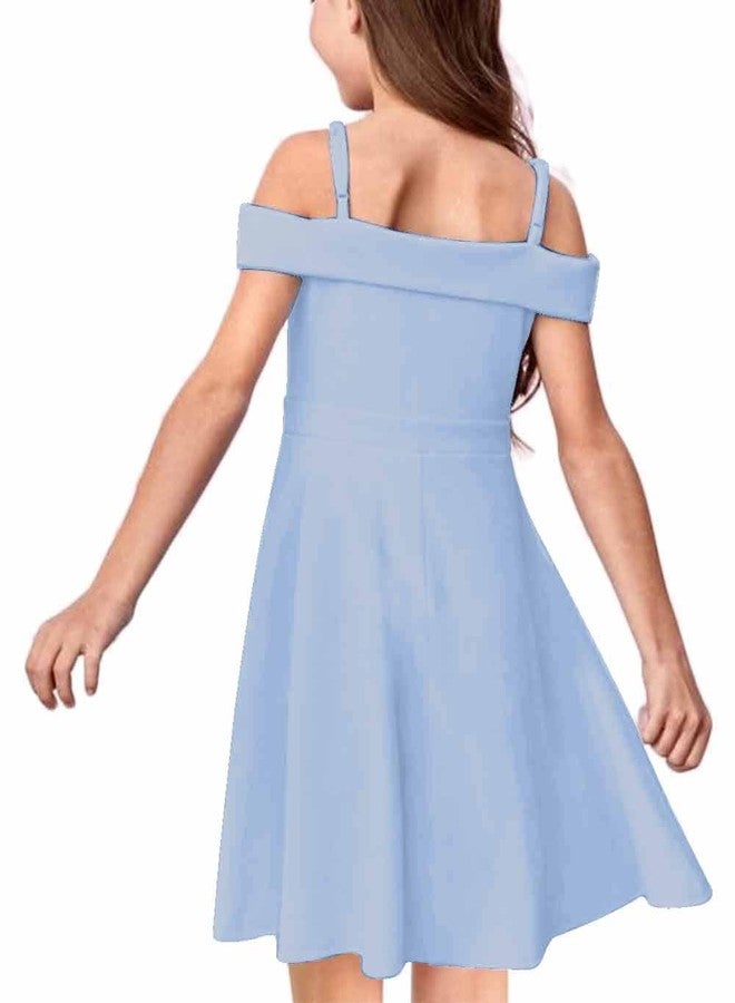 LuckyShe Girls Elegant Princess Cold Shoulder Fold Pleated High Waist Flared A Line Party Dresses,8-14 Years, Light Blue, 12 Years - Image 3