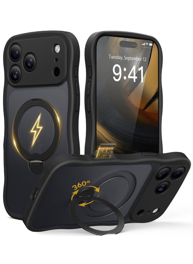 جولبينبوكس غطاء مغناطيسي لهاتف آيفون 17 برو ماكس مع حامل دوّار بزاوية 360 درجة، متوافق مع MagSafe، بتصميم حافة متموجة أنيقة وحماية بمعيار عسكري، غطاء حماية لهاتف آيفون 17 برو ماكس باللون الأسود - Image 1