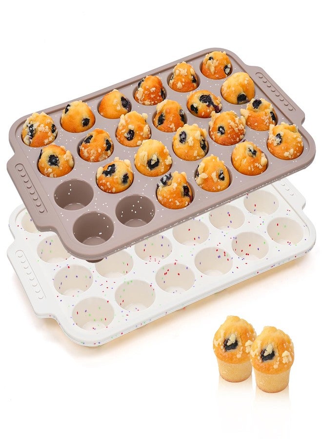 AOTASO 2 Pcs Silicone Muffin Pans for Baking with Metal Reinforced Frame, Nonstick Cupcake Tray for Oven, 24 Cups Mini Size Silicone Molds for Egg Bites, Dishwasher Safe (Brown, Cream) - Image 1