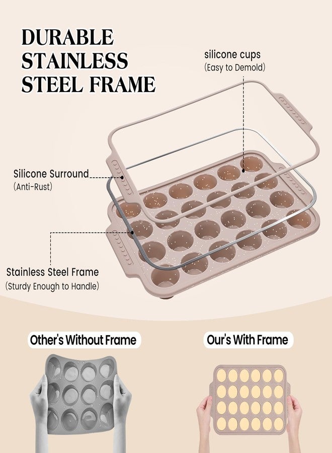 AOTASO 2 Pcs Silicone Muffin Pans for Baking with Metal Reinforced Frame, Nonstick Cupcake Tray for Oven, 24 Cups Mini Size Silicone Molds for Egg Bites, Dishwasher Safe (Brown, Cream) - Image 2