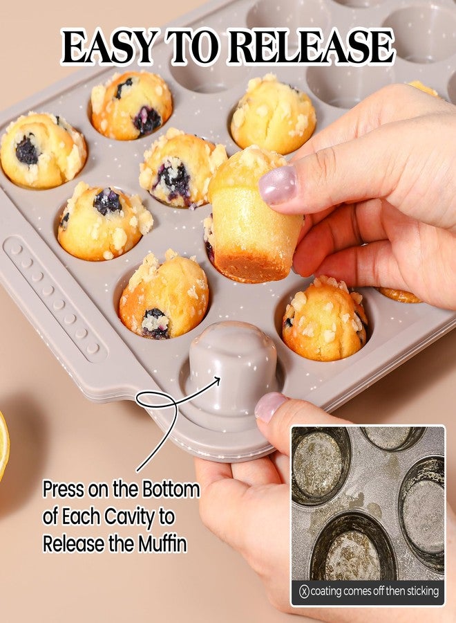 AOTASO 2 Pcs Silicone Muffin Pans for Baking with Metal Reinforced Frame, Nonstick Cupcake Tray for Oven, 24 Cups Mini Size Silicone Molds for Egg Bites, Dishwasher Safe (Brown, Cream) - Image 3