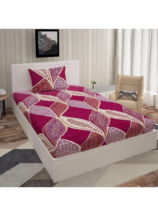 Urban Magic URBAN MAGIC Floral Leaves Printed Magenta & Gold Single Bedsheet with 1 Pillow Cover  - Image 1