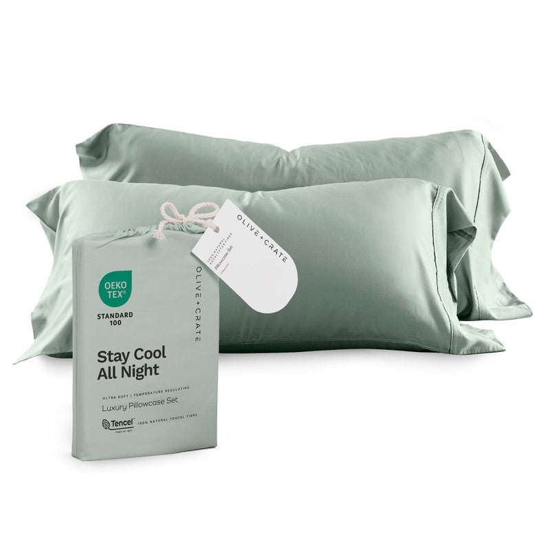 Olive Crate Tencel Eucalyptus Pillowcases 100 Tencel Lyocell Cooling Pillow Cases for Hot Sleepers Hypoallergenic MoistureWicking Silk Alternative Vegan Standard Size Set of 2 Spring Sage