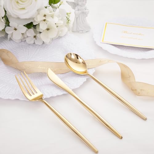 SUT 150PCS Gold Plastic Silverware, Plastic Utensils,Gold Silverware Disposable,Disposable Utensils Heavy Duty,Plastic Cutlery Set,Includes:50 Knives, Forks and Spoons for Party, Birthday,Wedding - Image 2