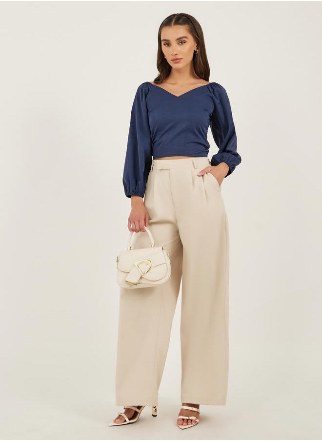 Styli - Plain Cuffed Sleeves V Neck Cropped Top - Image 1
