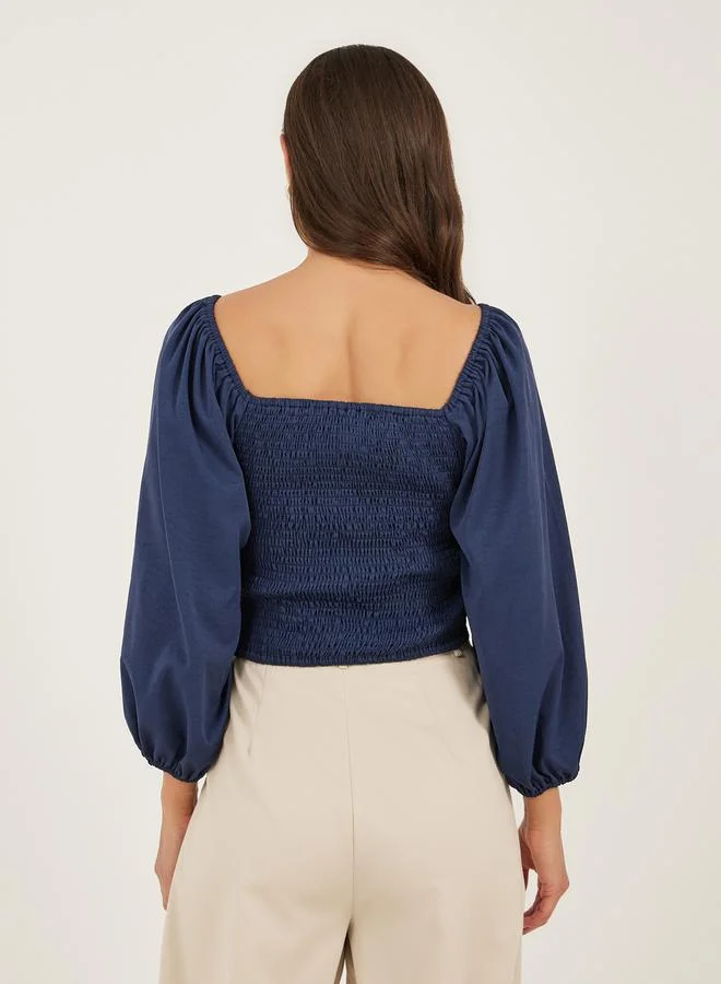 Styli Plain Cuffed Sleeves V Neck Cropped Top
