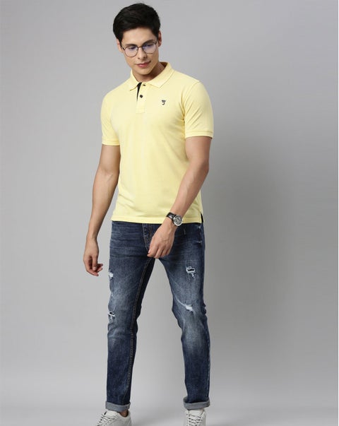 Men Yellow Solid Polo Collar Pure Cotton T-Shirt