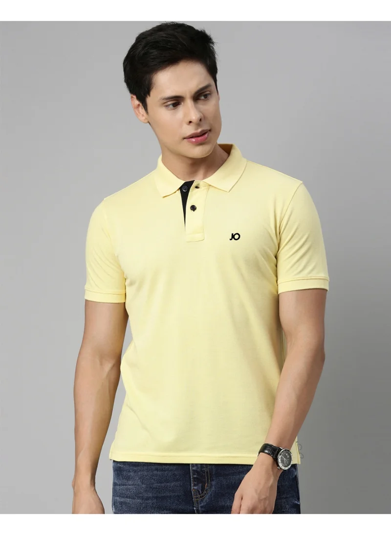 Joven Men Yellow Solid Polo Collar Pure Cotton T-Shirt