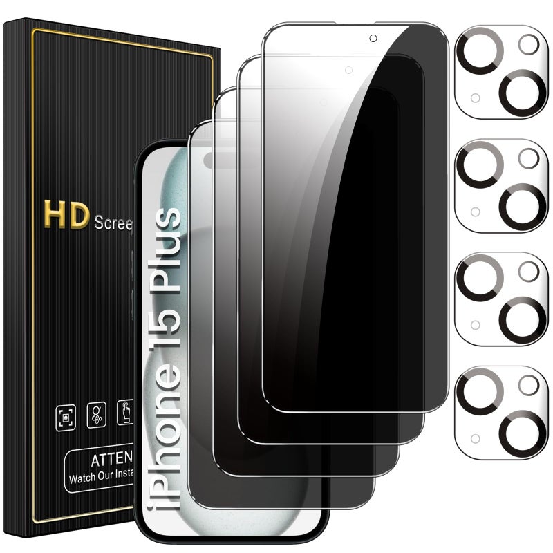 Romkasi 4 Pack Privacy Screen Protector for iPhone 15 Plus 67 Inch with 4 Pack Camera Lens Protector Anti Spy Tempered Glass Film AntiScratch Touch Sensitive Case Friendly - Image 3