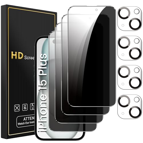 Romkasi 4 Pack Privacy Screen Protector for iPhone 15 Plus 67 Inch with 4 Pack Camera Lens Protector Anti Spy Tempered Glass Film AntiScratch Touch Sensitive Case Friendly - Image 1