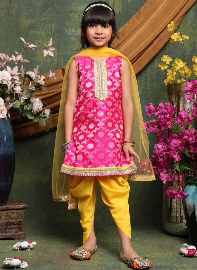 Saka Designs Floral Art Silk Kurta Dhoti Pants Set for Girls